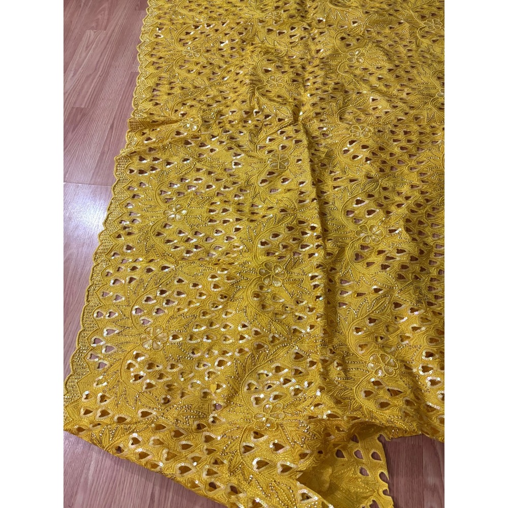 Yellow Gold Beaded Sequin Embroidered Cutwork Fabric 80x40 Couture